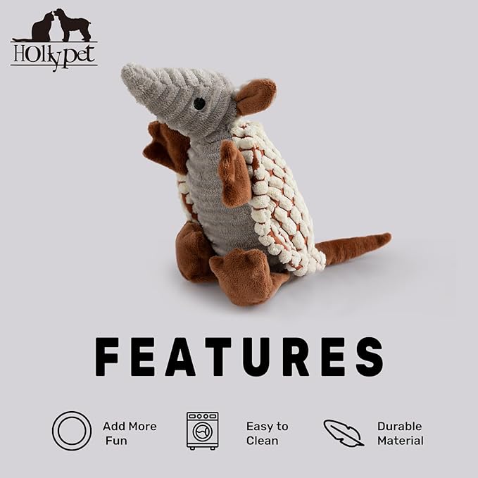 Hollypet Plush Dog Squeaky Toy Stuffed Armadillo Animal Pet Puppy Chew Toys with Clean Teeth for Small Medium Large All Breed Sizes Dogs, Milky White, 8 in