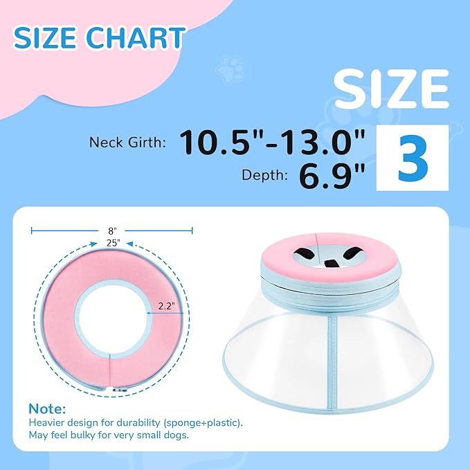 Sponge Core Dog Cone, Inflatable Dog Cone Collar Alternative, Dogs Donut Collar After Surgery, Soft Cone for Large Medium Small Dogs to Stop Licking, No Inflation Required, Clear View(Size 3, Pink)