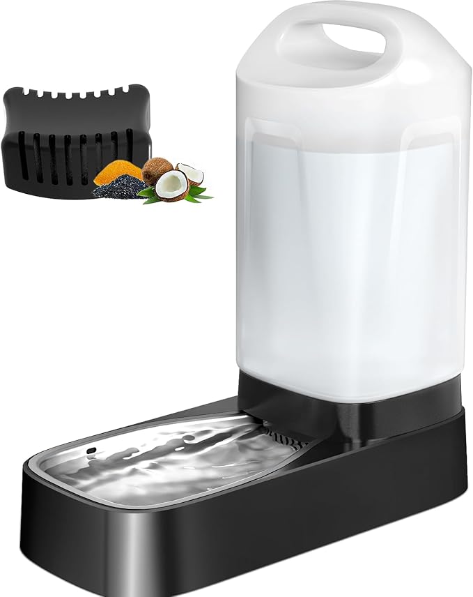 Automatic Dog Water Bowl Dispenser with Filter - 2.4 Gal Large Gravity Auto Pet Water Feeder Waterer with Stainless Steel Bowl & Easy Carry Handle for Large Dog Cat Multi Pet Use