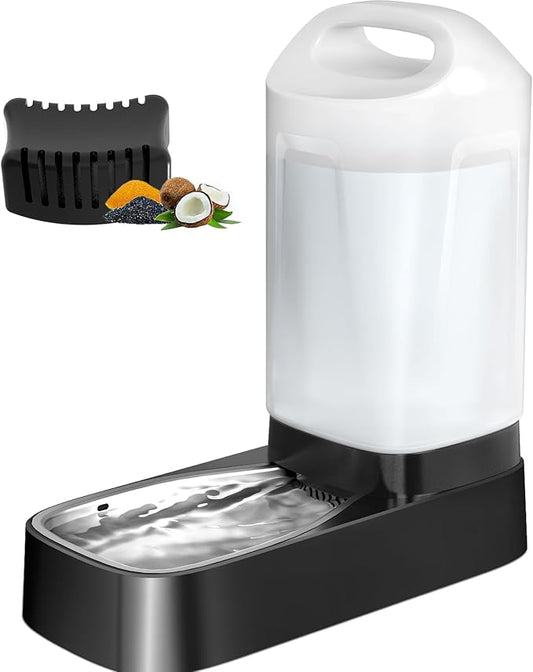 Automatic Dog Water Bowl Dispenser with Filter - 2.4 Gal Large Gravity Auto Pet Water Feeder Waterer with Stainless Steel Bowl & Easy Carry Handle for Large Dog Cat Multi Pet Use