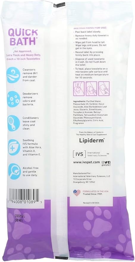 International Veterinary Sciences IVS Quick Bath Dog Towelettes, Removes Odor, Extra Thick and Heavy Duty for Large Dogs, Made in the USA, 10 Count Pack