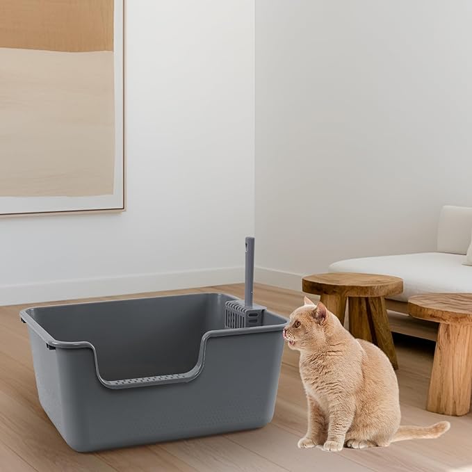 Readsky Large Cat Litter Box with High Sides, Open Top Cat Litter Tray with Scoop, 4-Pack, Gray