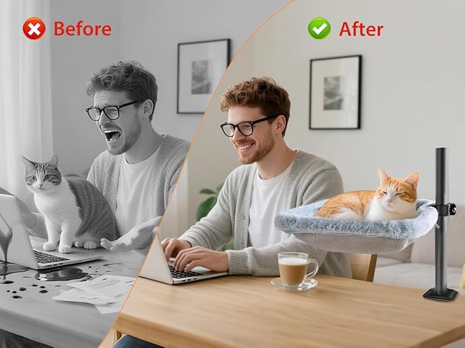 L&W BROS. Cat Desk Bed – Adjustable Desk Cat Hammock with 360° Rotating Arm, Dual-Sided Washable Cover, 35LB Capacity, 17"x14", Metal Frame