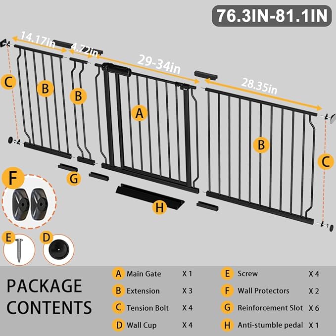 Fairy Baby Extra Wide Baby Gate 76.3-81.1 Inch Wide, Walk Through Pressure Mounted No Drill, Long and Large Tension Gate for Pet and Kids
