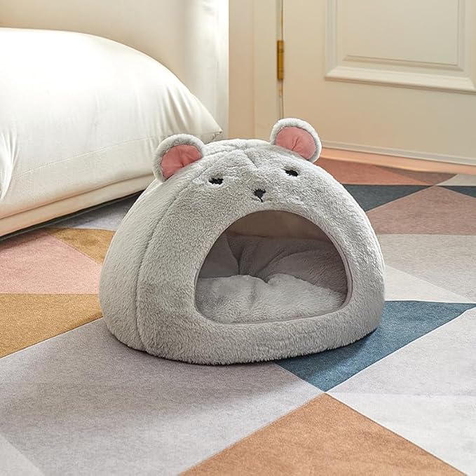 Cozy Mouse Ear Pet Cave Bed Ultra-Soft Gray Plush cave Bed, Cat Cave Beds Cat House Cat Tent with Removable Washable Cushioned Pillow, Cat Beds&Dog Beds,Perfect for Small & Medium Pets(Big)