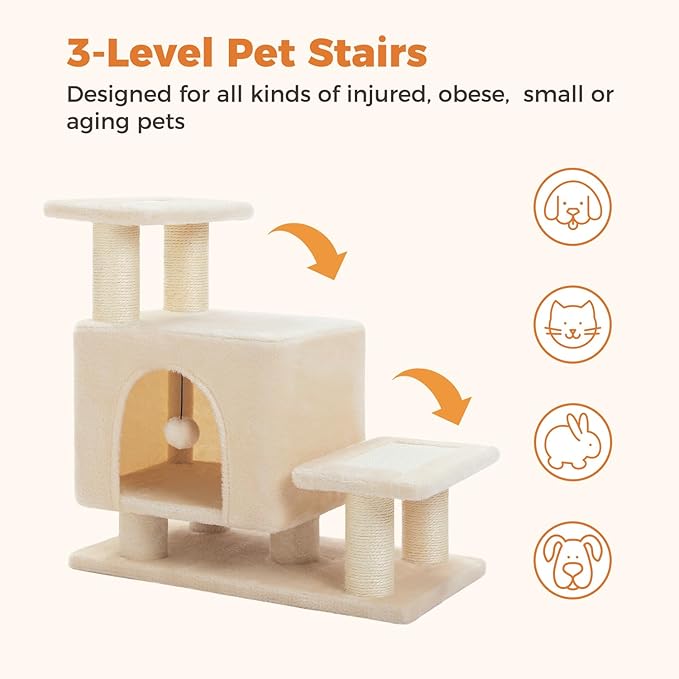 3-in-1 Dog Stairs & Cat Scratching Post with Condo, Pet Steps for High Beds, Sofa, Couch, Tall Cat Tower, High-Strength Boards for Indoor Small Cats Kittens Dogs Climbing Playing, 3 Steps-Beige