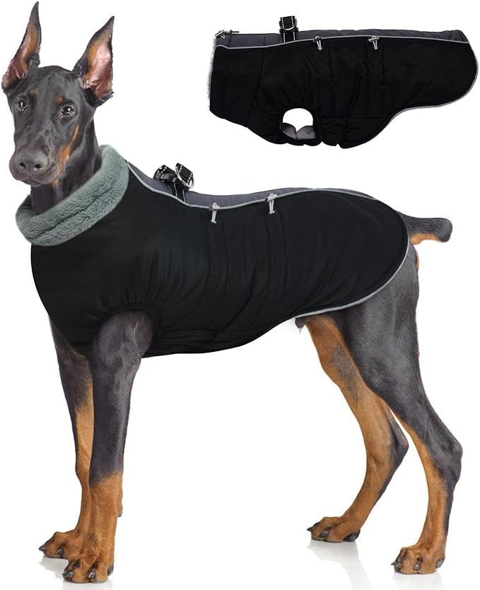 IDOMIK Warm Dog Coat with Harness, Waterproof Reflective Dog Jackets for Small Medium Large Dogs, Fleece High Collar Winter Jacket with Zipper, Pet Winter Snowsuit Clothes for Cold Weather,Black XL