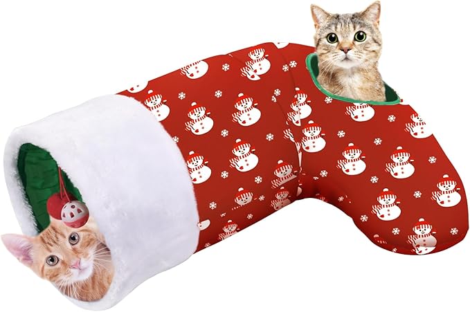 Pawaboo Cat Tunnel Christmas Sock with Bell Balls, Upgraded 2 Way Cat Tunnel Interactive Toy, Pet Xmas Stocking with Crinkle Paper & Strong Spring-Steel Frame for Cat Kitten Kitty, Red Snowman