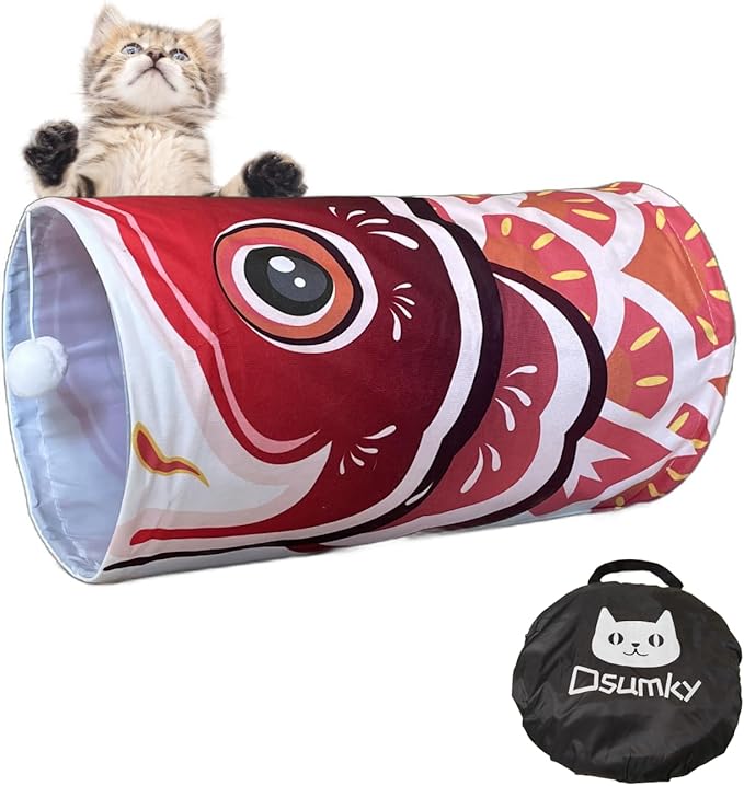 Cat Tunnel for Indoor Cats Interactive, Collapsible Tube for Cats Kittens Rabbits Puppies Crinkle Pop Up,10'' Dia, 18''L,Red