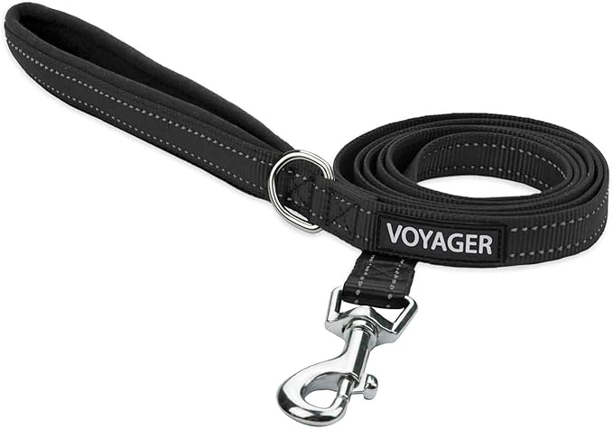 Voyager Reflective Dog Leash with Neoprene Handle, 5ft Long, Supports Small, Medium, and Large Breed Puppies, Cute and Heavy Duty for Walking, Running, and Training - Black (Leash), M
