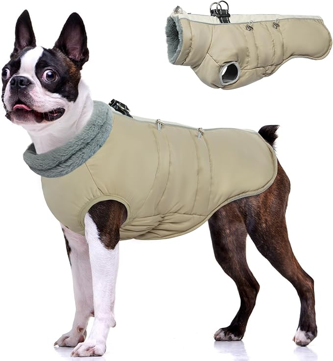 IDOMIK Warm Dog Coat with Harness, Waterproof Reflective Dog Jackets for Small Medium Large Dogs, Fleece High Collar Winter Jacket with Zipper, Pet Winter Snowsuit Clothes for Cold Weather,Khaki S