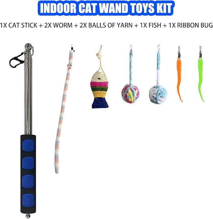 Retractable Cat Wand, 7 Pack Super Long 55.1" Wand Toy with Ball of Yarn, Feather Teasers - Interactive Indoor Cat Toys for Kittens & Cats