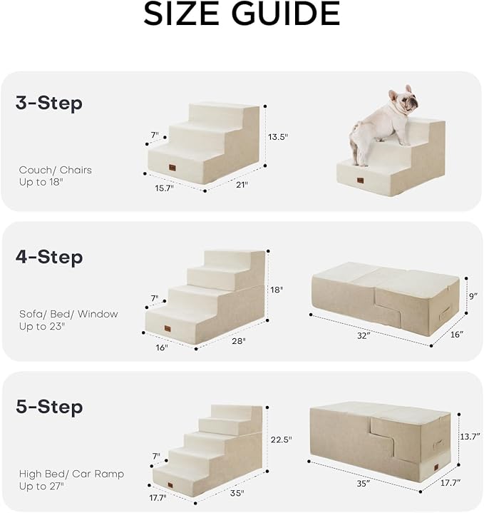 Made4Pets Dog Stairs for Small Dogs, Extra Wide Dog Steps for Bed Couch Sofa and Chair, 35D Foam Pet Steps for Small Dogs and Cats(Up to 40lbs), Non-Slip Bottom Pet Stairs, Beige, 3 Steps
