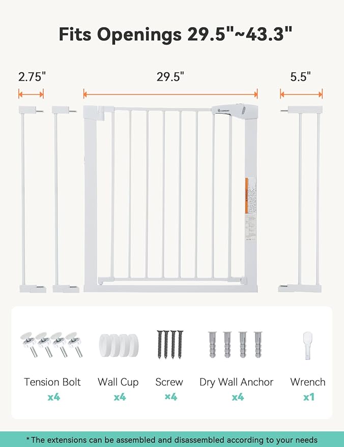 COMOMY 30" Tall Baby Gate for Stairs Doorways, Fits Openings 29.5" to 43.3" Wide, Auto Close Extra Wide Dog Gate for House, Pressure Mounted Easy Walk Through Pet Gate with Door, White
