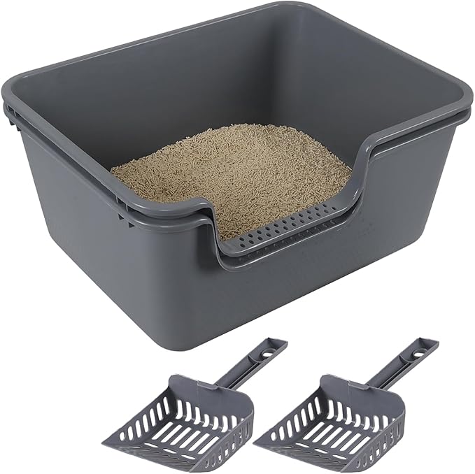 2 Pack High Side Plastic Litter Box with Cleaning Scoop, Grey Cat Litter Basin