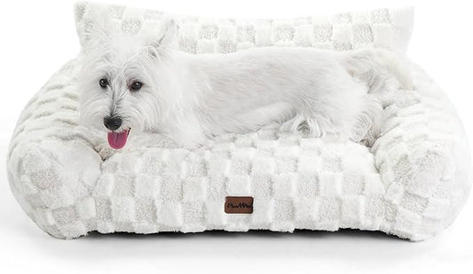 MADE 4 PETS Cat and Dog Indoor Couch Bed, Soft Faux Fur Checkered Pet Sofa, Cozy Fluffy Pet Sofa with Supportive Foam, Removable Washable Cover with Non-Slip Base, White, Medium
