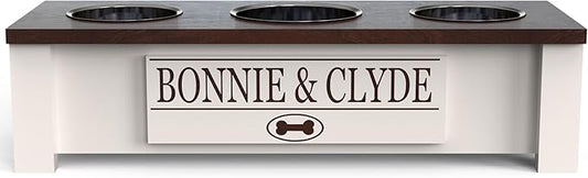 GrooveThis Woodshop - Personalized Elevated Triple Dog Bowl Stand for Large, Medium, Small, X-Small Dogs - 3 Stainless Steel Food and Water Bowls - Raised Dog Dish with Internal Storage (Small, Brown)