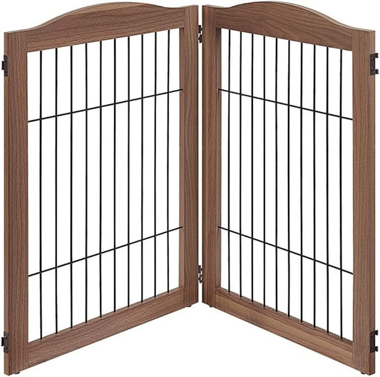 unipaws 44" Wide Dog Gate and Extension Kit, Free Standing Pet Gate, Wooden Dog Gates for Stairs, Doorway, Indoor Safety Fence for Dogs, 31.5" Height, Walnut