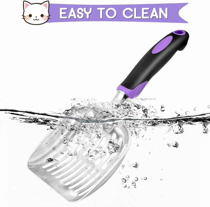 Cat Litter Scoop, Metal Cat Scooper, Rubber Handle Scoop, Sifting Shovel – Heavy Duty Aluminum Alloy Litter Box Scoop with Deep Mesh, Design for Easy Waste Removal and Cleaning(Purple)