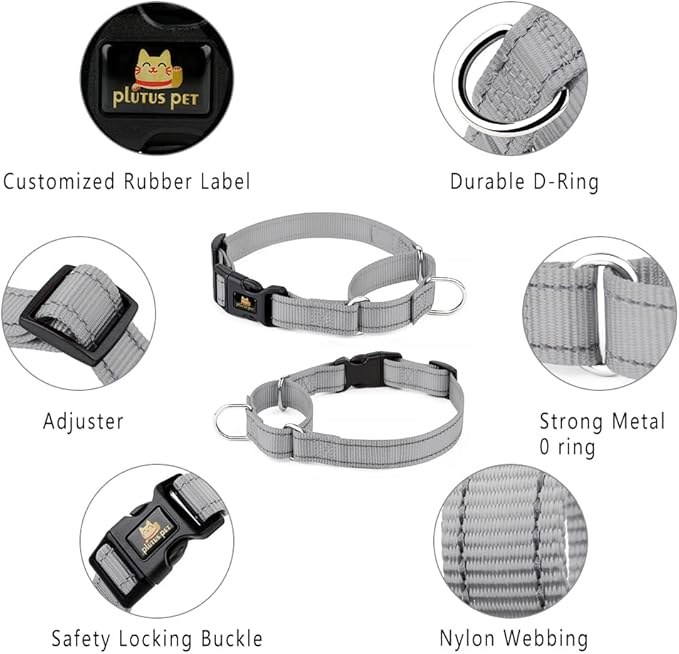 Plutus Pet Reflective Martingale Collar with Buckle - Durable and Adjustable Training Collar for No Pulling, Dog Choker Collar for Small Medium Large Dogs, Gray, L