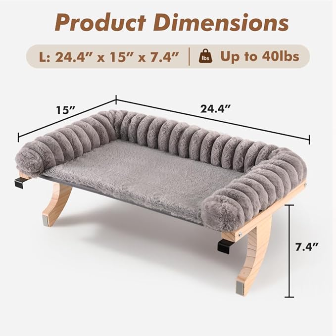 Cloud-Soft Cat Window Sill Perch with Zipper Designed Cushioned Bed, Supportive Cat Window Seat with Premium Solid Wood & Sturdy Metal Frame, Pet Hammock Bed for Large Cats (Large, Gray)