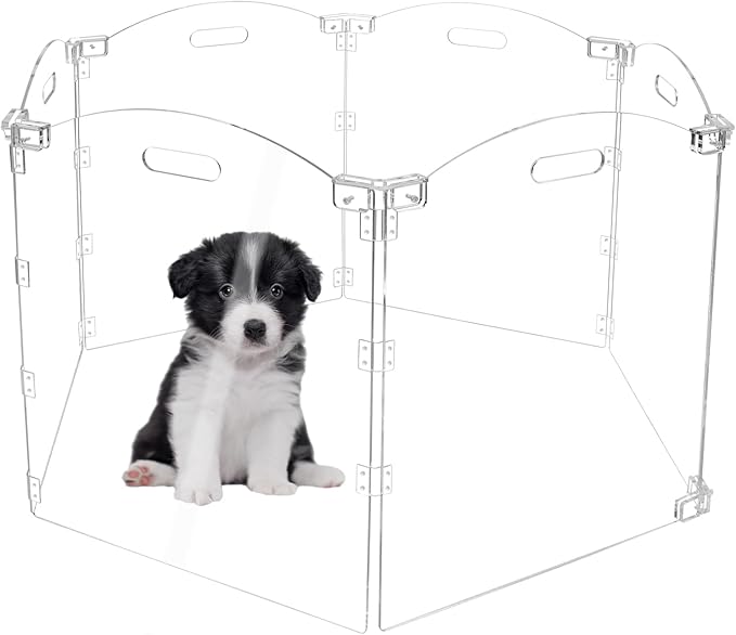 Acrylic Dog Playpen for House Foldable Dog Gate Indoor with Handles Free-Standing Pet Fence Clear Dog Pen for Outdoor Puppy Cat Rabbit Accessories (6 Panel)