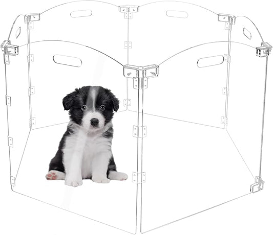 Acrylic Dog Playpen for House Foldable Dog Gate Indoor with Handles Free-Standing Pet Fence Clear Dog Pen for Outdoor Puppy Cat Rabbit Accessories (6 Panel)