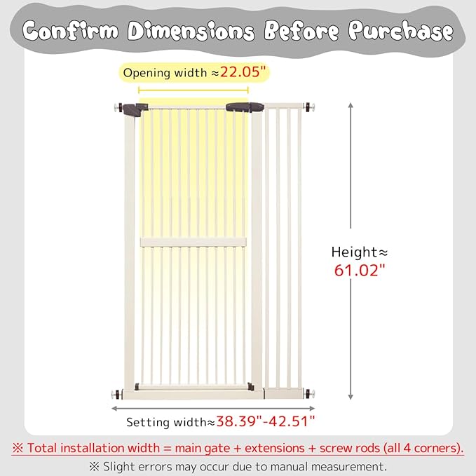 Lumizone Extra Tall Cat Gate 61.02" High Pressure Mounted Extra Wide 38.39"-42.51" (17Sizes) 1.37" Gap No Drilling Auto-Close Tall Pet Gate for Dogs (Cream, 38.39"-42.51"/97.5-107.5cm)