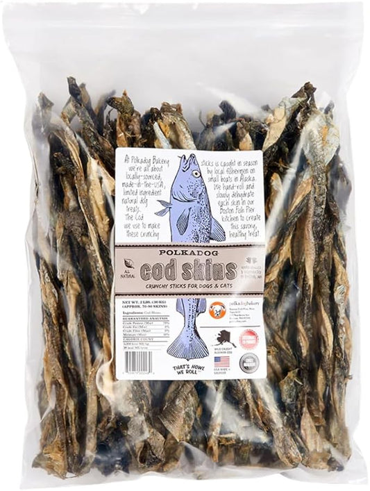 Polkadog Cod Skins for Dogs (2lb Regular) - Single Ingredient, Wild-Caught Fish Skin Dog Treats for All Breeds – High in Lean Protein & Omega-3. Hypoallergenic, Grain Free. Handcrafted & Made in USA