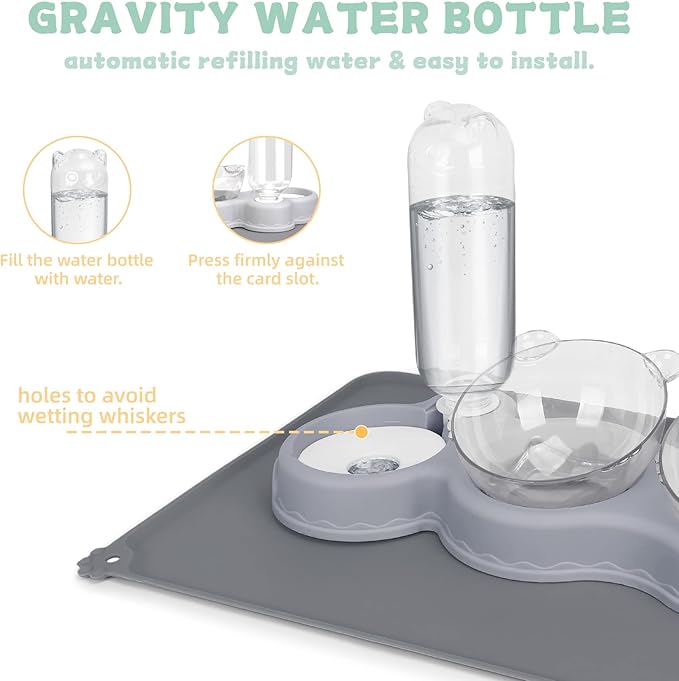 Triple Cat Bowls for Food and Water, YECERCAN Plastic Raised Cat Bowls with Automatic Water Bottle & Waterproof Mat for Cats/Small Dogs, 3 in 1 Pet Feeder for Wet/Dry Food