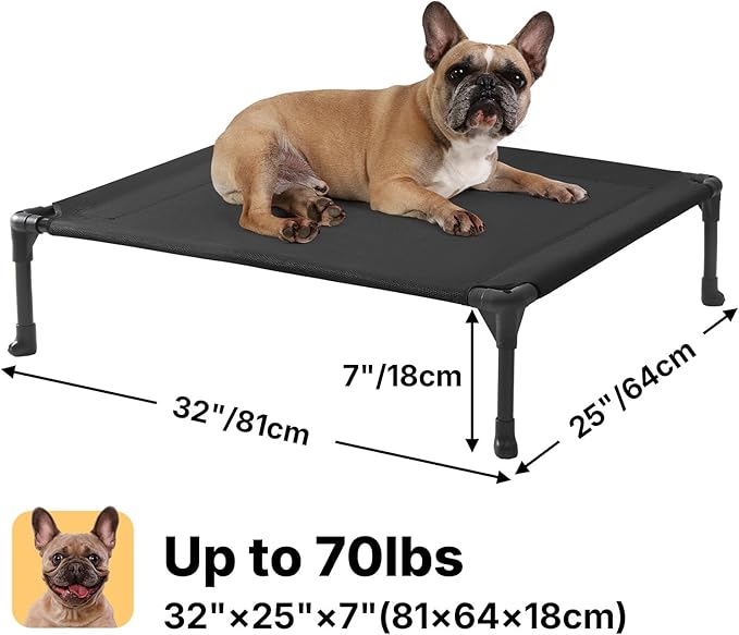 Veehoo Outdoor Elevated Dog Bed for Medium Dogs, Cooling Raised Dog Cots Beds Training Platform Off Ground Hammock with Breathable Mesh, No-Slip Feet, 32"x25", Black