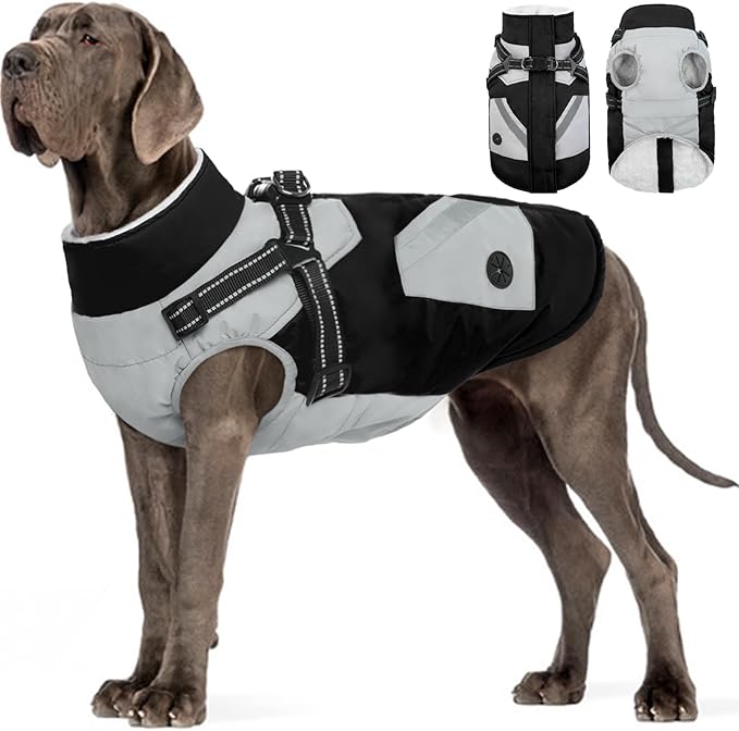 FUAMEY Dog Winter Jackets for Large Dogs,Dog Coat with Harness Built in,Waterproof Dogs Snowsuits Warm Pet Jacket Zip Up Fleece Cold Weather Coats Reflective Puppy Vest with Pocket Black 3XL