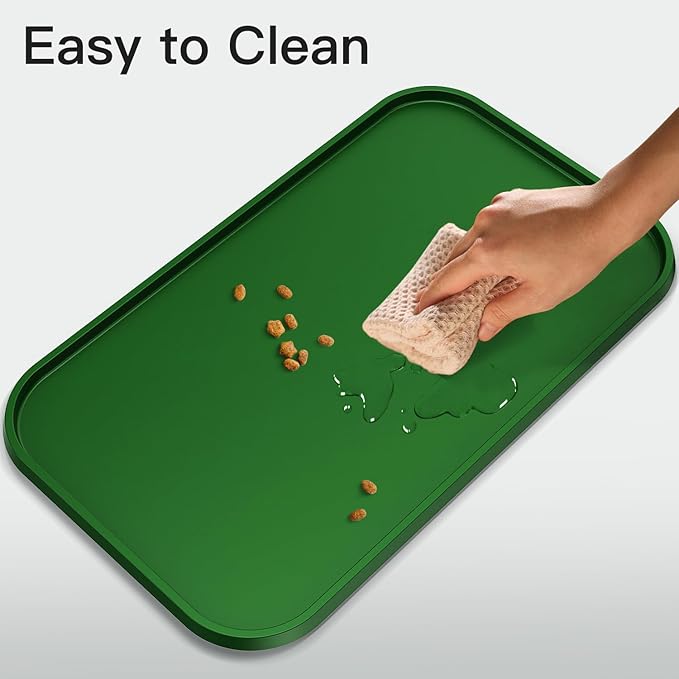 Pet Feeding Mat [Warped Resistant Raised Edge], Water-Proof Silicone Placement for Food Water Bowls, Anti-Slip Base Protect Floor, BPA-Free&Dishwasher-Safe [23.5x13.5inch Large, Green]
