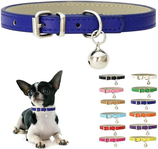 Dark Blue XXS Dog Collar with Bell, Soft Pu Leather Cat Collars Adjustable Buckle for XS Extra Small Medium Tiny Female Male Boys Girls Pets Puppy Kitten Teacup Yorkie XX-Small