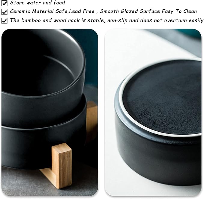 Petygooing Dog Bowls,Black Ceramic Cat Dog Bowl Set with Wood Stand for Pet Food and Water,Non-Slip Cute Modern Pet Dish Set for Cats Small and Medium Dogs (28OZ/6.1 in)