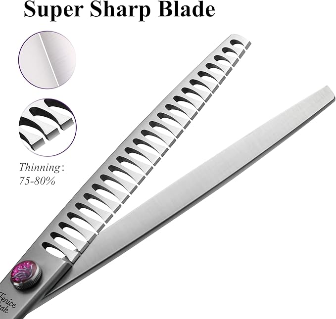 Fenice Peak 8'' Chunker Dog Grooming Scissors with Decorative Screw Professional 440C Stainless Steel Metallic Pet Thinning Shears with Offset Handle Durable and Sharp