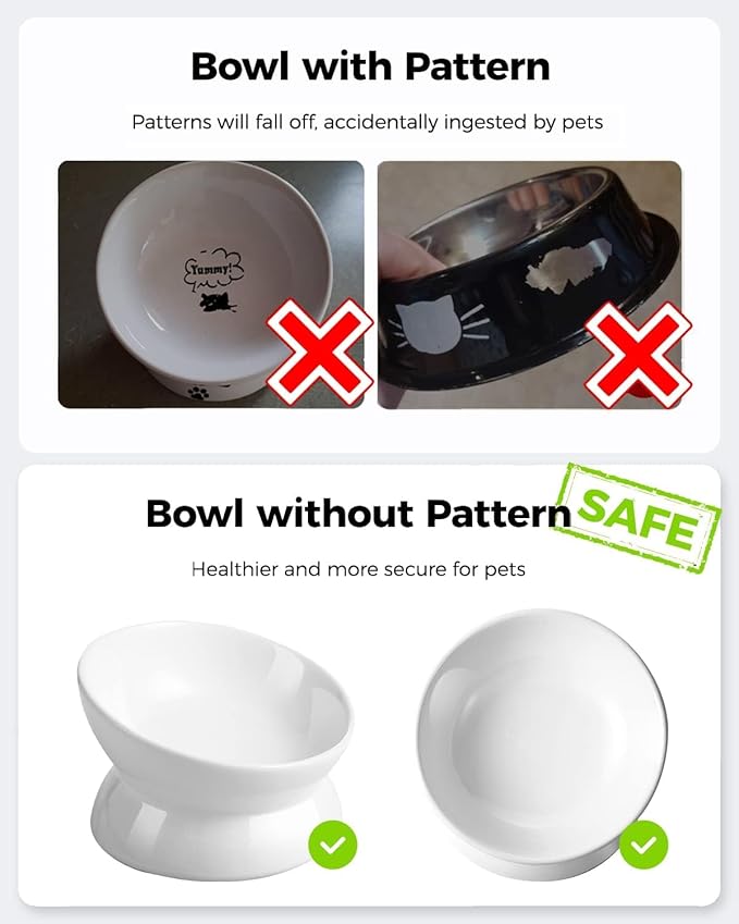 LoeJan Elevated Cat Food Bowl, 5 Oz Ceramic Raised and Tilted Water Bowl, Anti Vomiting and Protect Pets' Spines Dishes for Small Dog, Fat Faced Cat, Kitten (White, 3 Pack)