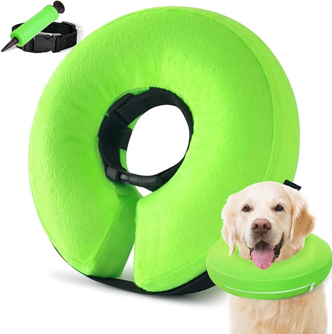 Inflatable Dog Cone Collar, Cone for Dogs to Stop Licking, Donut Collar After Surgery, Soft Dog Cone Alternative, Cones Collar for Small Medium Large Dogs (Green, S (Neck 7"-9"))