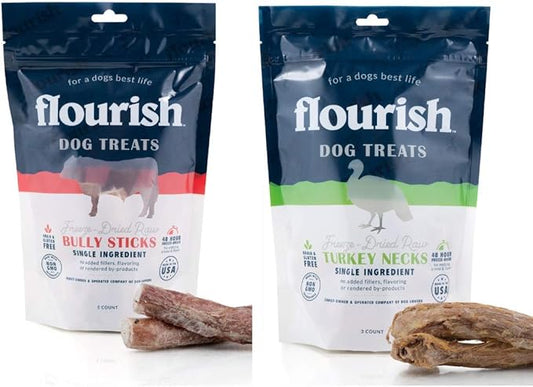 Flourish Pets Freeze Dried Raw Pet Treats for Dogs (Turkey Necks & Bully Sticks, 2-Pack)