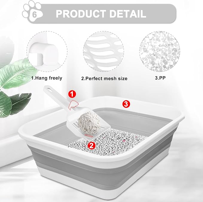 Large Cat Litter Box for Kittens to Senior Cat, Elderly and Fat Cat,Elderly cat Mobility Issues,Foldable Travel Litter Box with Scoop (Grey)