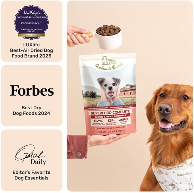 BADLANDS RANCH - Superfood Complete, Air-Dried Adult Dog Food - High Protein, Zero Fillers, Superfood Nutrition by Katherine Heigl (24 oz, Beef & Bison Formula)