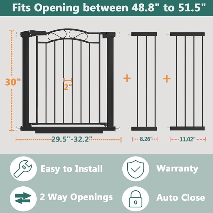 Black Wide Baby Gate with Door-Walk Through Baby Gates for Stairs Pressure Mounted no Drill-Indoor Tension Metal Child Pet Dog Safety Gate 48.82"-51.57" inches Wide