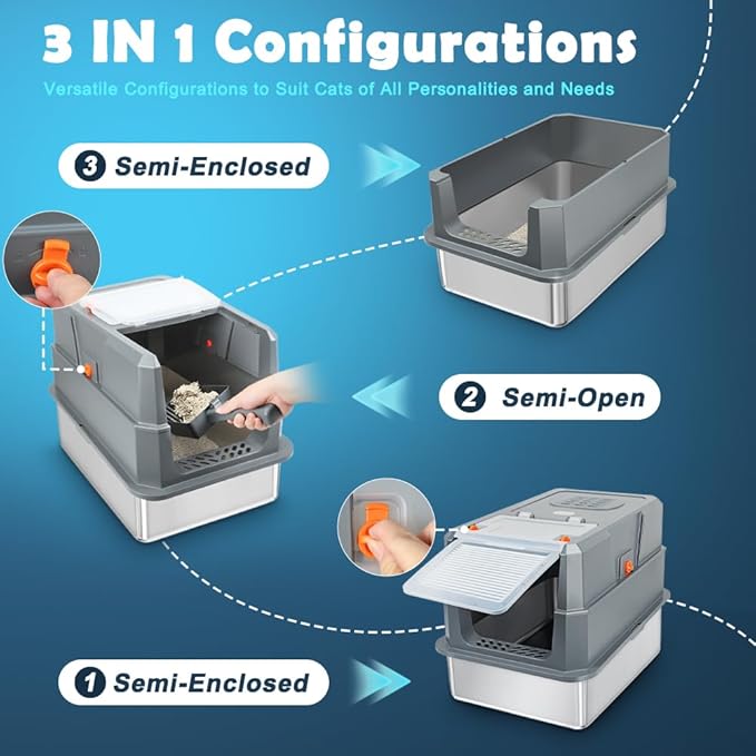 SZEE Stainless Steel Litter Box, Large Size, Fully/Half Enclosed Design, Foldable Front Door for Scooping, Activated Charcoal Odor Control, Prevent Splashing Out