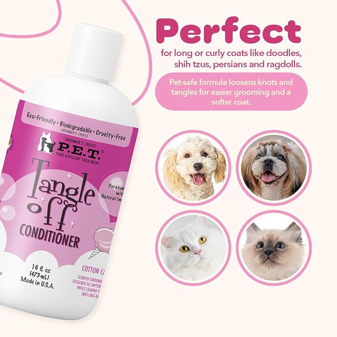 P.E.T. Tangle Off Detangling Conditioner for Dogs & Cats, Cotton Candy Scent – Moisturizes, Softens & Loosens Knots for Silky, Shiny Coats – Sulfate-Free, pH-Balanced, Hypoallergenic – 16 oz