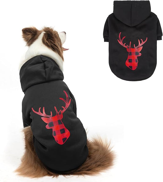 SCENEREAL Christmas Dog Hoodie with Leash Hole, Warm & Soft Fleece Pet Sweater & Sweatshirt for Small Medium Large Dogs, Xmas Elk Print Pets Clothes Cold Weather Costume, L