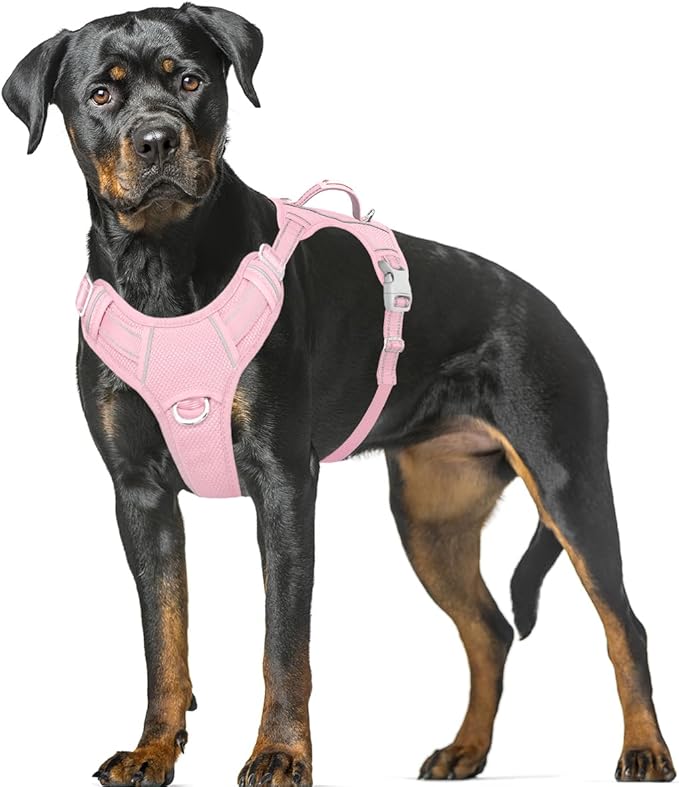 BARKBAY No Pull Dog Harness Large Reflective Dog Harness with Front Clip and Easy Control Handle for Walking Training Running with ID tag Pocket(Baby Pink,XL)