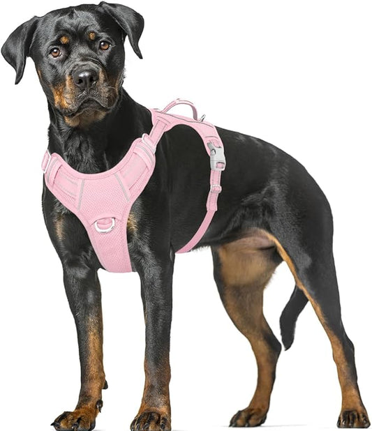 BARKBAY No Pull Dog Harness Large Reflective Dog Harness with Front Clip and Easy Control Handle for Walking Training Running with ID tag Pocket(Baby Pink,XL)