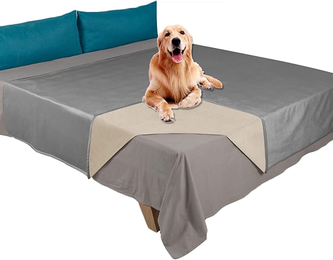 Ameritex Pet Bed Blanket Reversible 100% Waterproof Velvet Super Soft for Sofa and Bed (68x82 Inches, Light Grey+Beige)