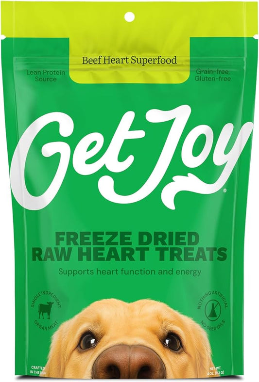 Get Joy Freeze Dried Superfood 100% Beef Heart Dog Treats, 4 Ounce Bag, Single Ingredient Organ Meat, High Protein, Heart Health, Energy, Muscle Repair, Grain Free & Gluten Free, Made in USA