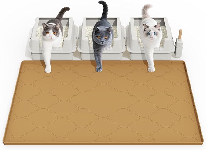 Cat Mat for Litter Box, 38" X 26" Silicone Cat Litter Trapping Mat, Easy Clean for Scatter Control, Soft on Kitty Paws, Waterproof, Urine-Proof, Non-Slip Kitty Litter Mat for Floor, Brown